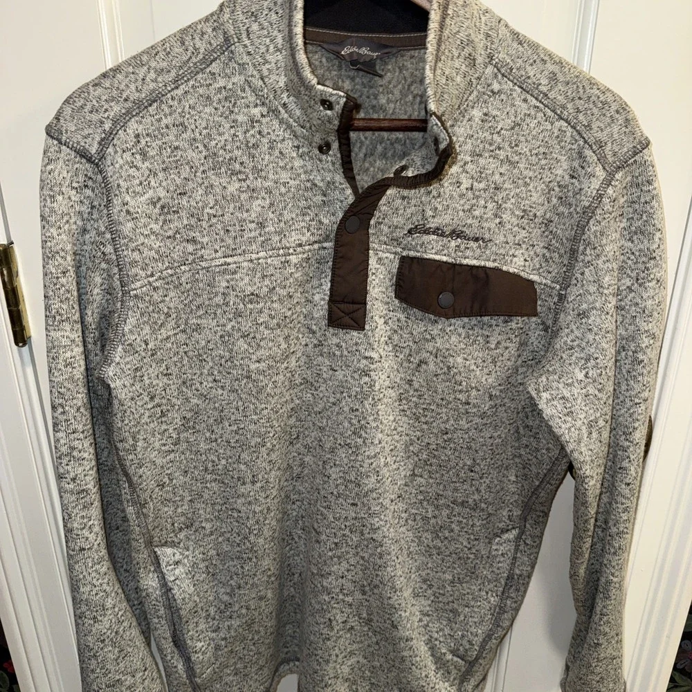 Eddie‎ Bauer Grey Brown Convector Snap Pullover Men's Long Sleeve Fleece Medium - Picture 2 of 8